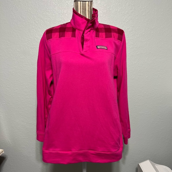 Vineyard Vines | pink shep shirt plaid shoulder design small pockets button neck - Picture 4 of 16